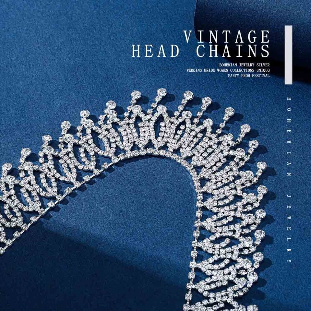 Rhinestone Head Chain Silver Boho Jewelry Wedding Bridal Hair Accessory - Picture 5 of 7